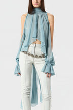 Sweet Irregular Stand Collar Loose Solid Halter Blouse image 2
