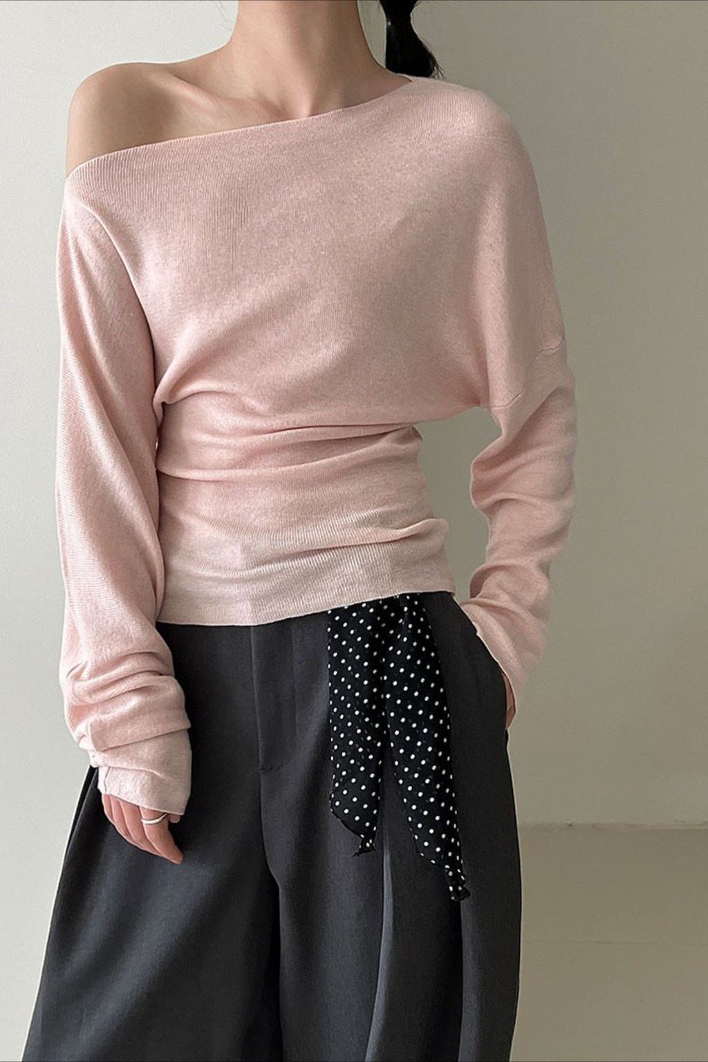 Waist Defining Asymmetric Shoulder Knit Top image 3