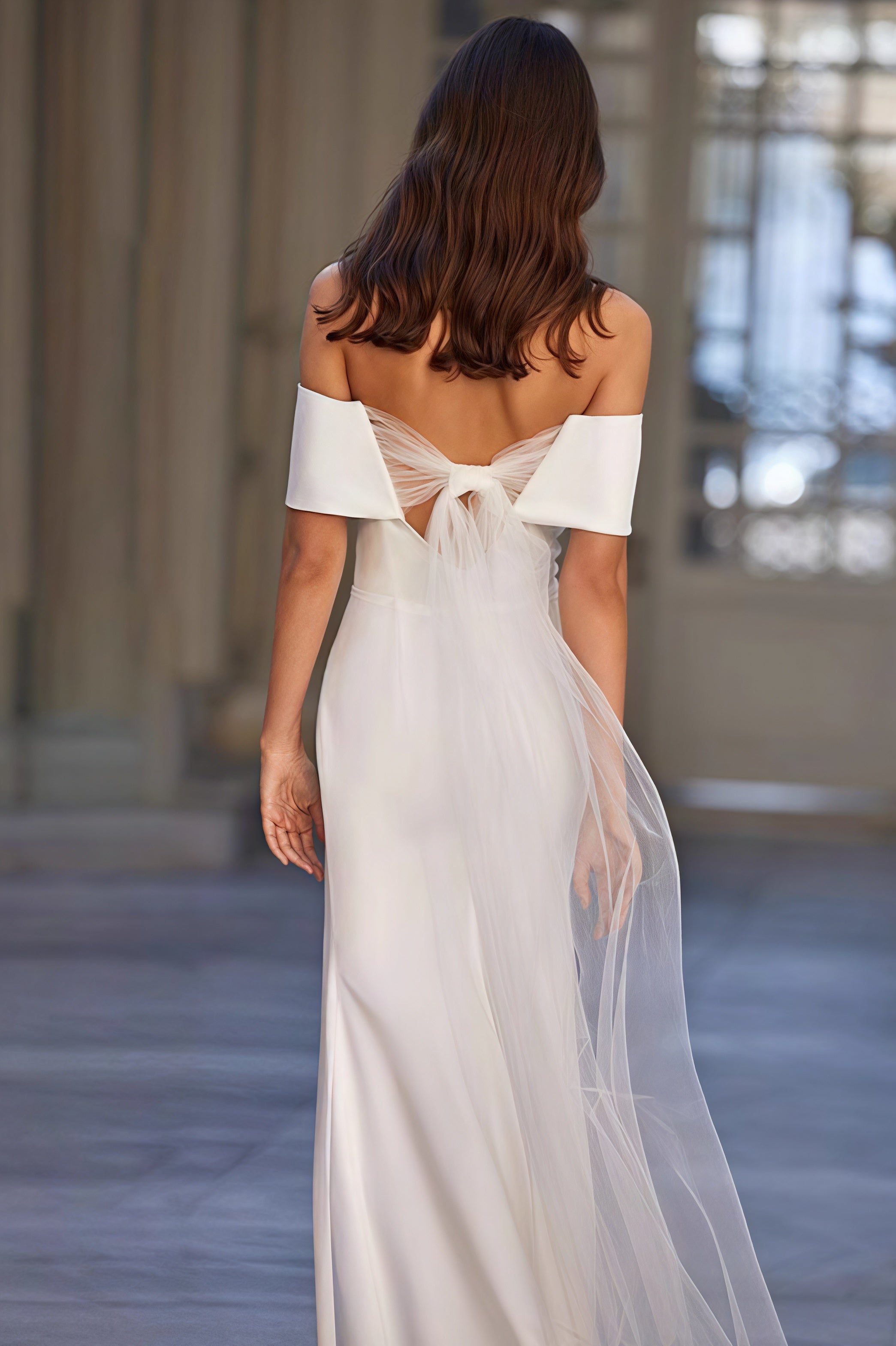 Simple Off Shoulder Mesh Sash Wedding Dress image 3