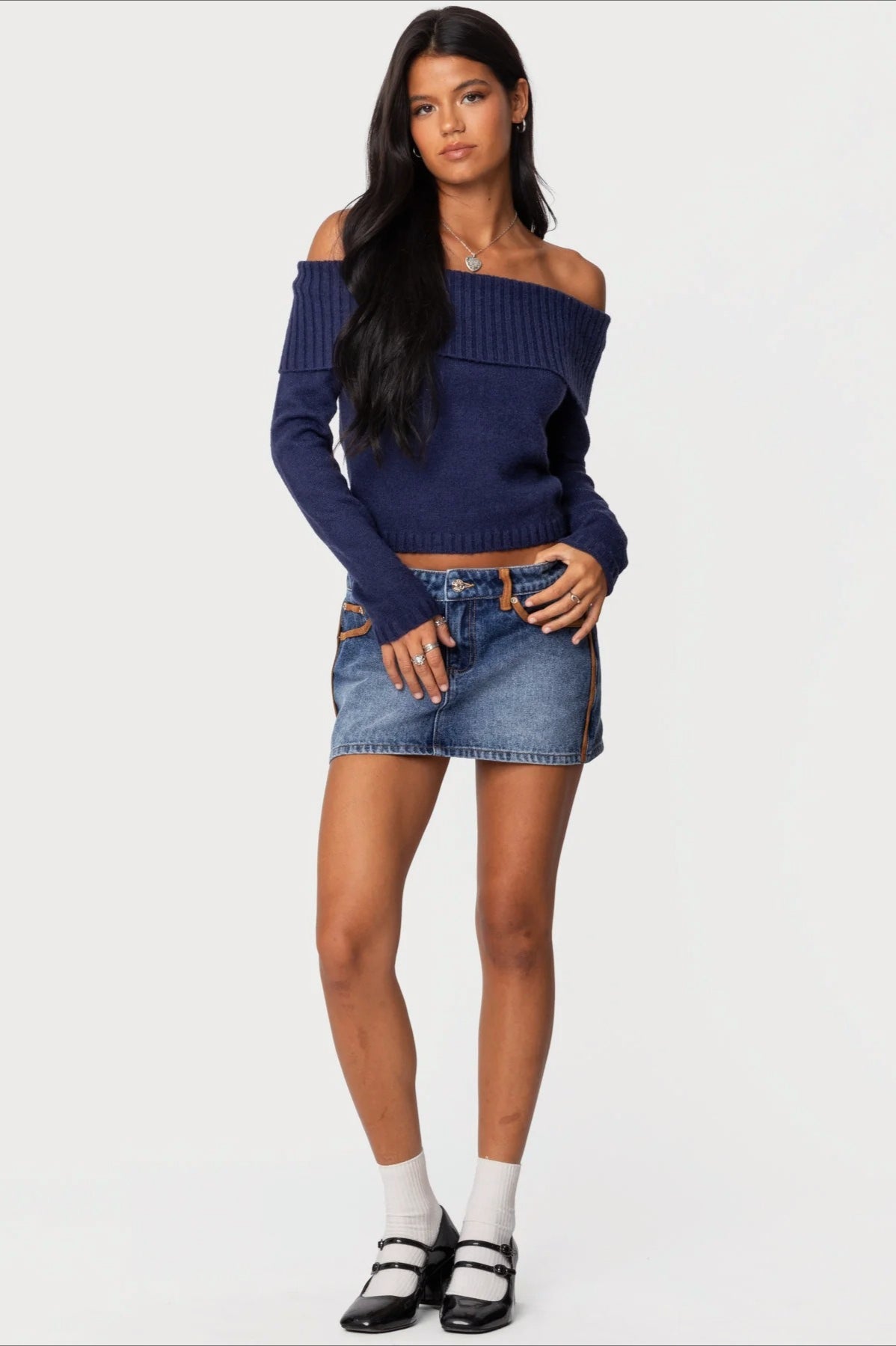 Solid Color Off-Shoulder Boat Neck Long-Sleeve Knit Top image 3