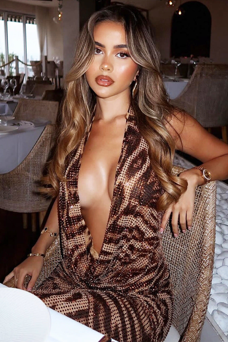 Sexy Printed Rhinestone Halter Backless Maxi Dress image 3