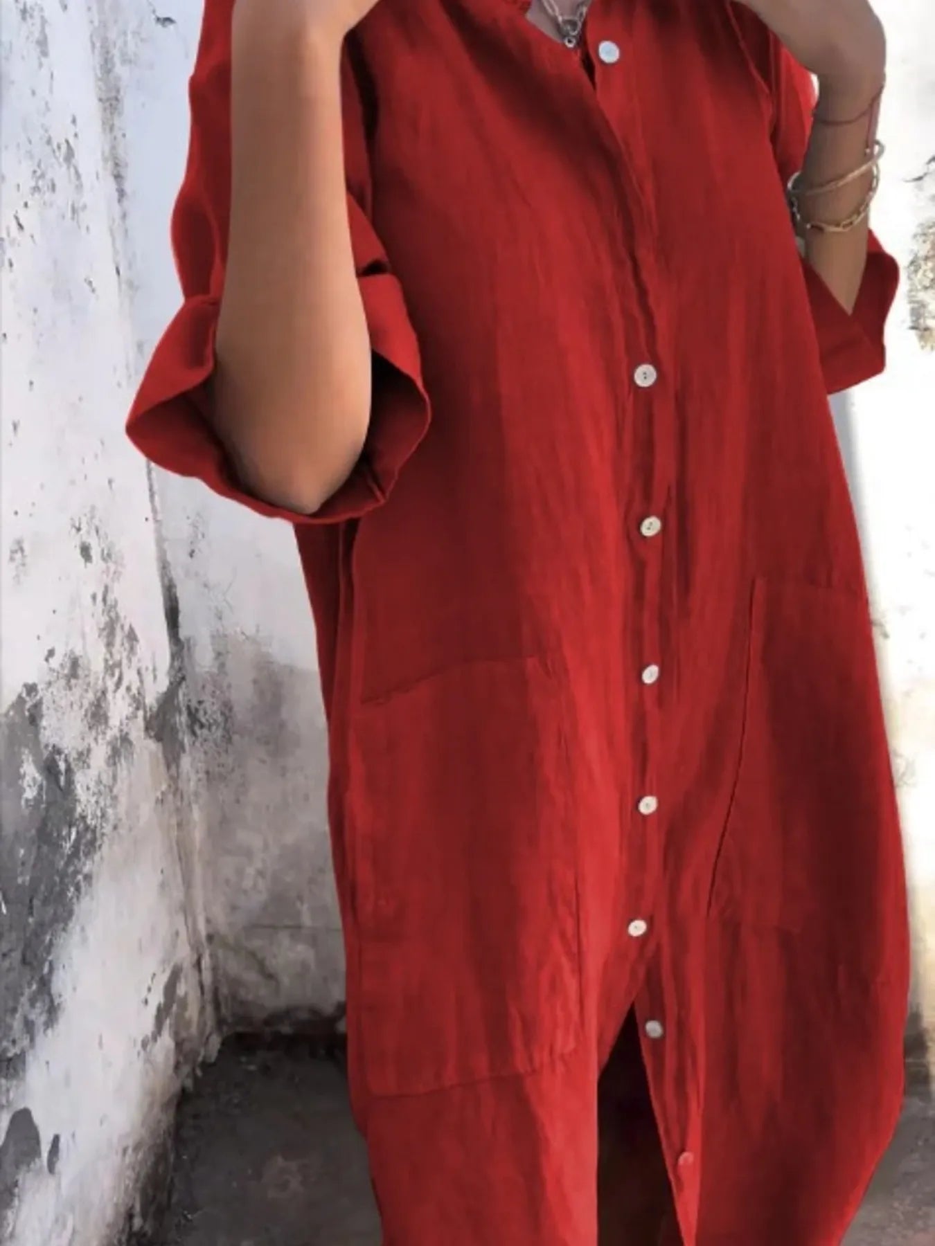 Marseille Linen Shirt Dress detail view styled for Avrienne