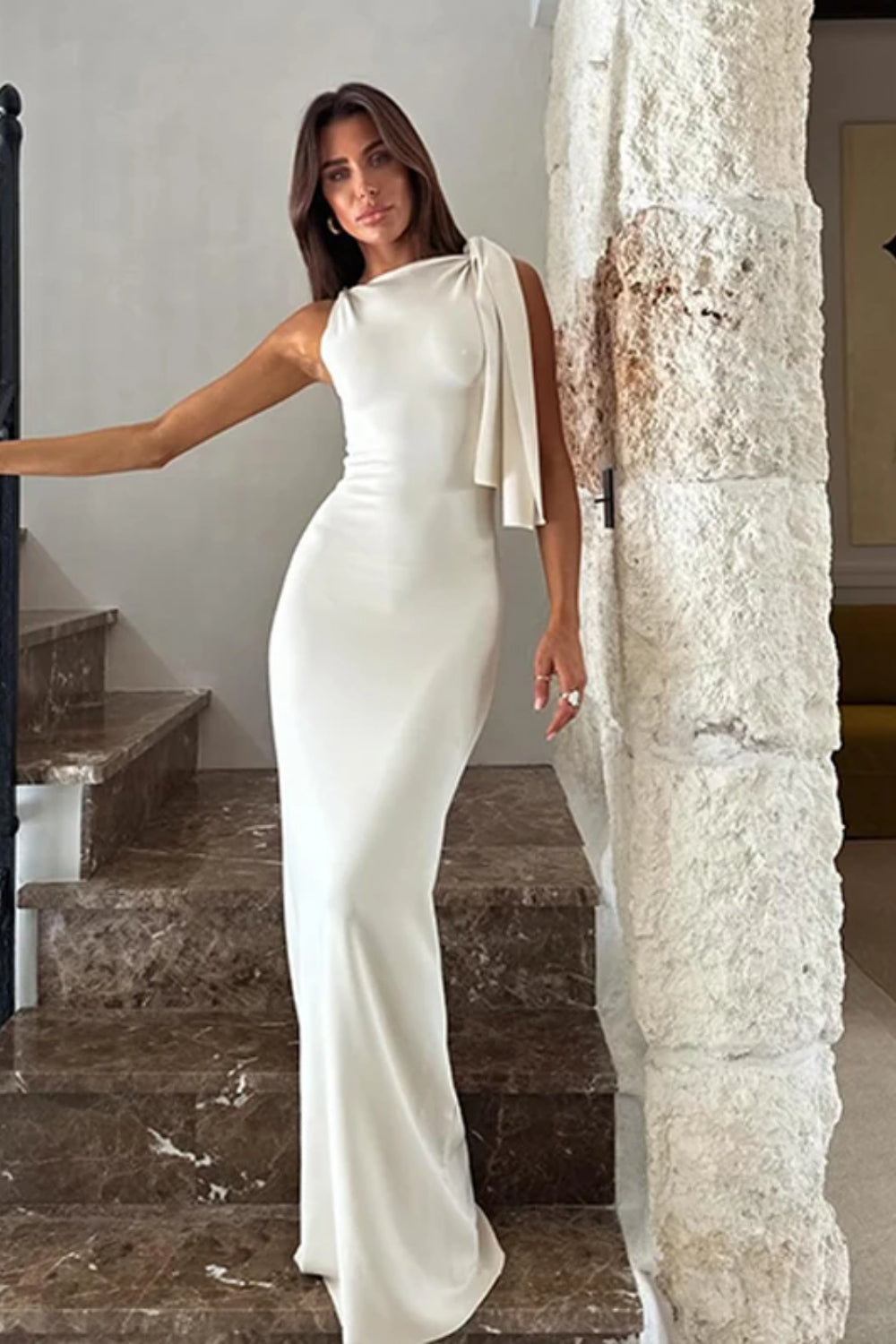 Jersey O-Neck Solid Fitted Club Maxi Dress image 1
