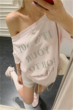 Letter Print Pink Off‑Shoulder T‑shirt image 5