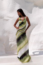 V-Neck Bodycon Backless Digital Print Silk Maxi Dress image 2