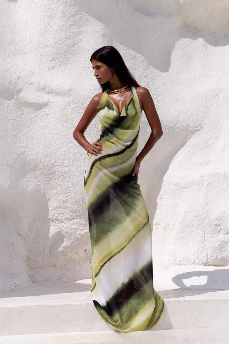 V-Neck Bodycon Backless Digital Print Silk Maxi Dress image 2
