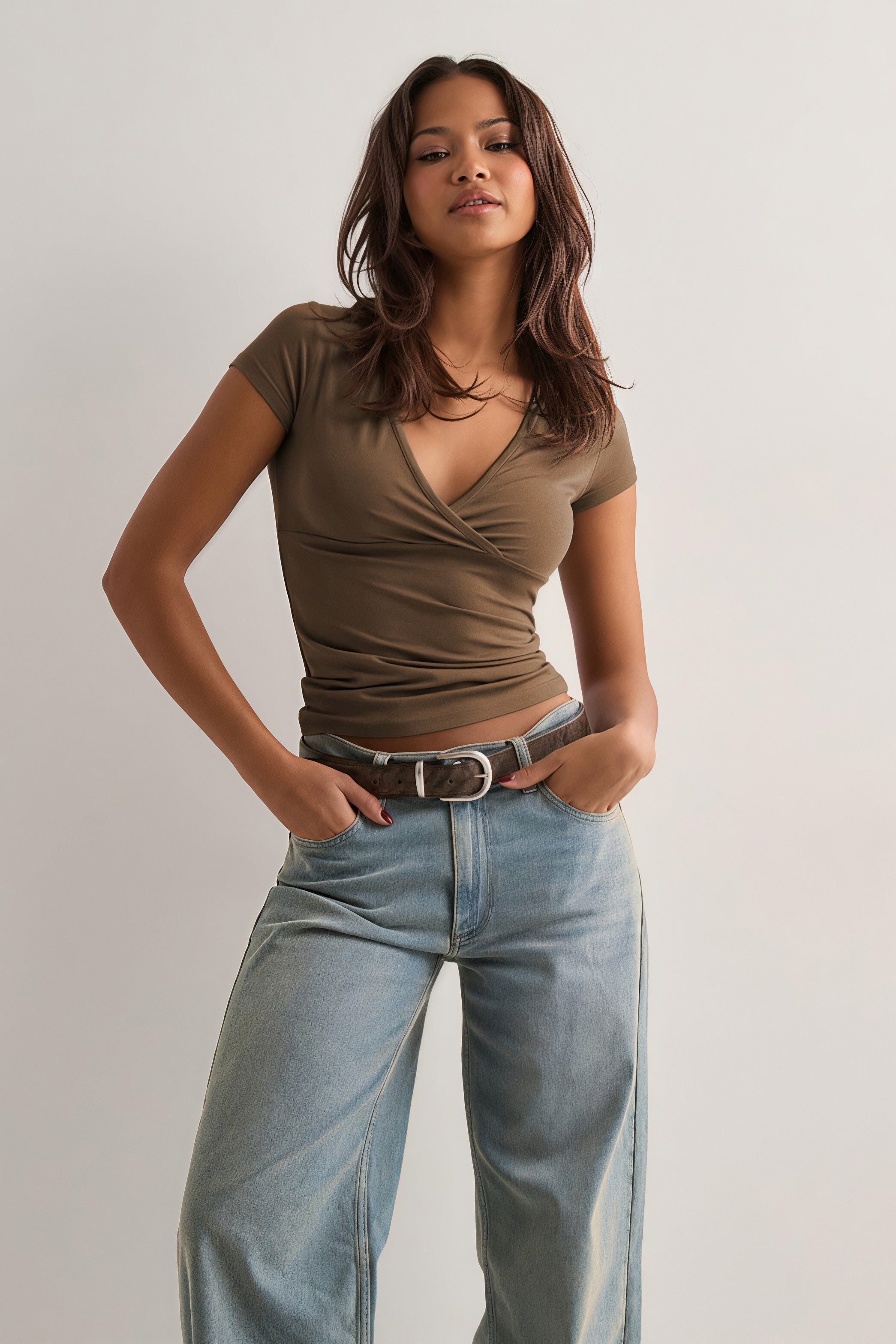 Deep V Neck Solid Slim Waist T-shirt image 6