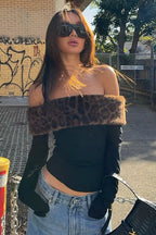 Sexy Asymmetric Fuzzy Off Shoulder Long Sleeve Tee image 4