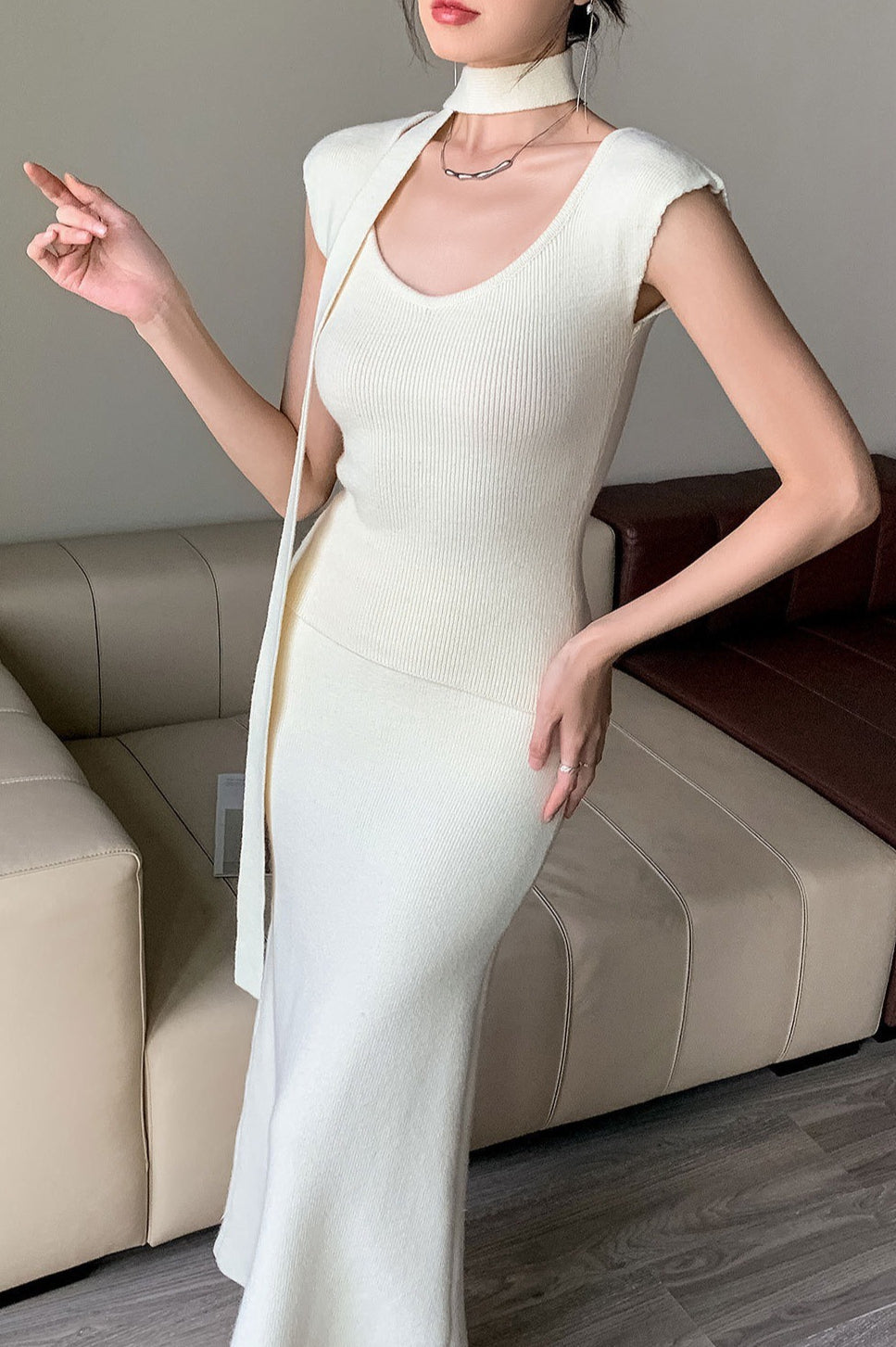 Ribbed High-End Knit Cardigan Tank Wide-Leg Pants Three Piece Set image 3