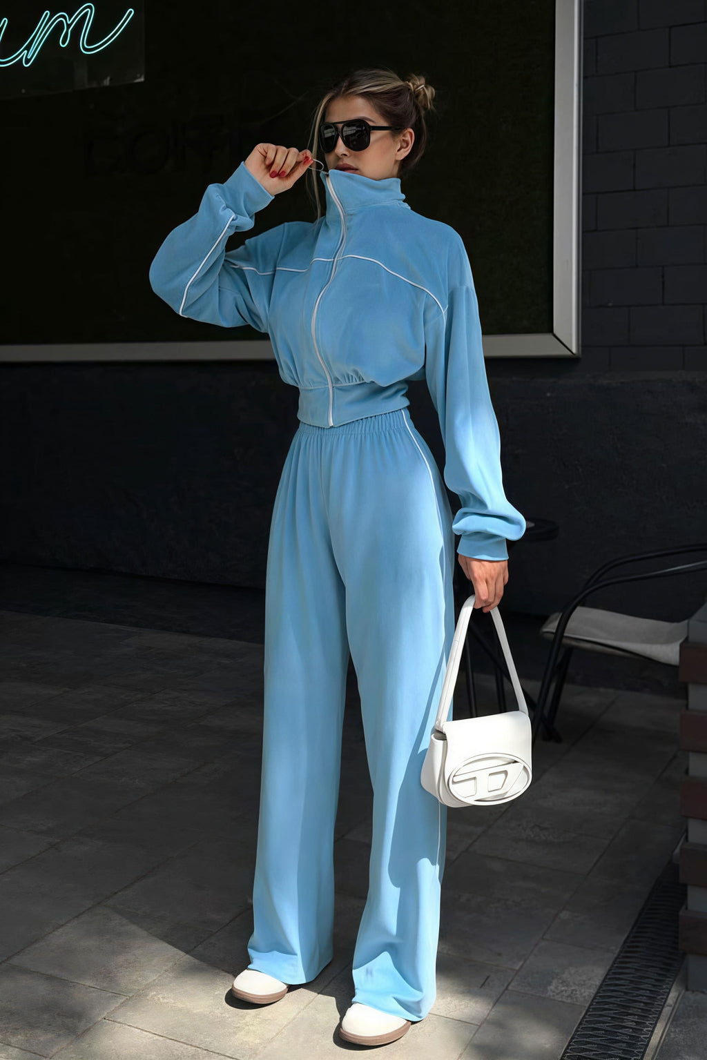 Athletic Velvet Collar Zipper Long Sleeve Two Piece Set image 13