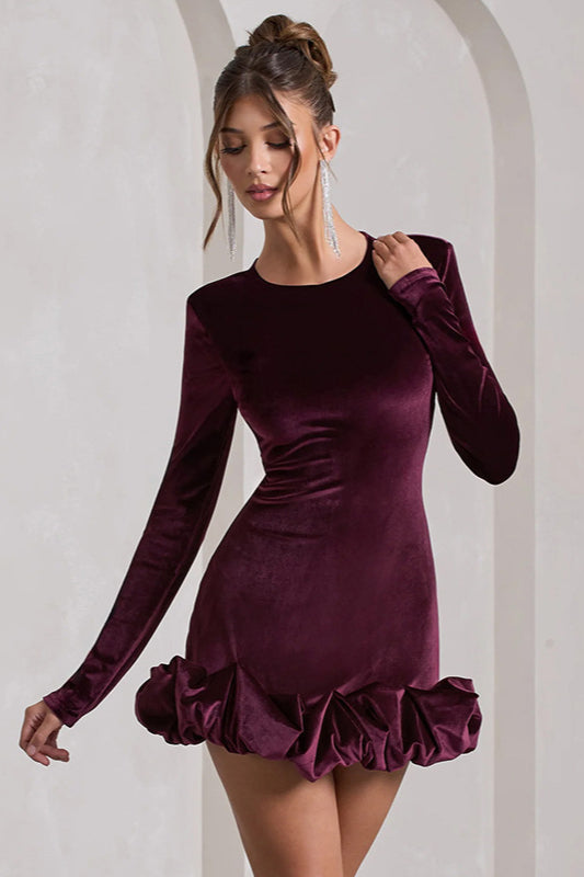 Velvet Pleated Hem Long Sleeve Party Dress image 1