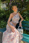 Light Pink Purple Floral One Shoulder Sleeveless Two Piece Set image 1