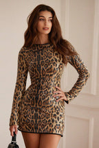 Leopard Print Sequin Slim Bodycon Stretch Long Sleeve Mini Dress image 1