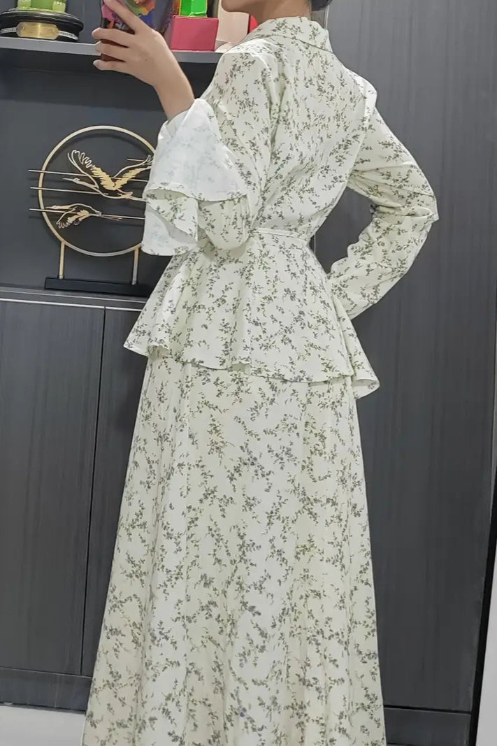 Long Sleeve Small Floral Waist Cinch Top Midi Skirt Two Piece Set image 5