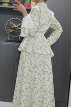 Long Sleeve Small Floral Waist Cinch Top Midi Skirt Two Piece Set image 5