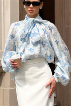 Elegant Tie Lantern Sleeve Floral Blouse image 1