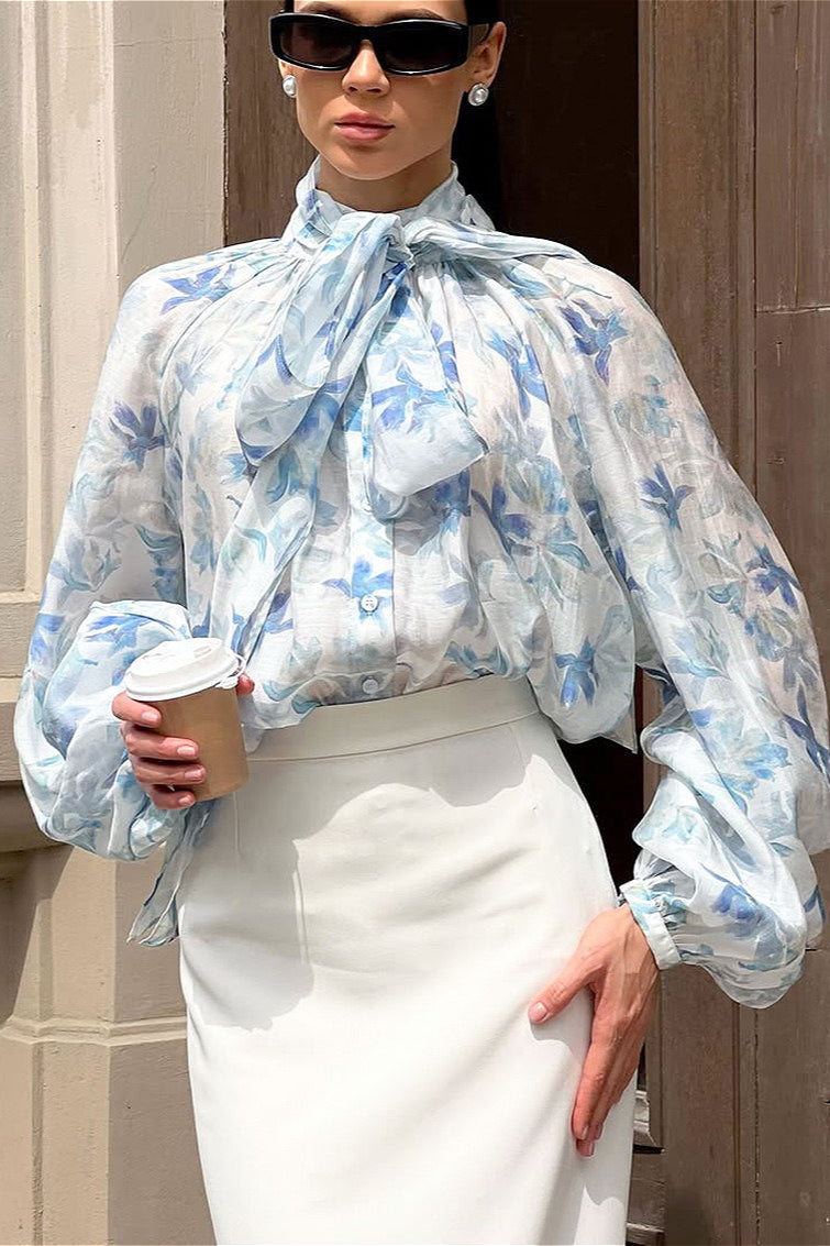 Elegant Tie Lantern Sleeve Floral Blouse image 1