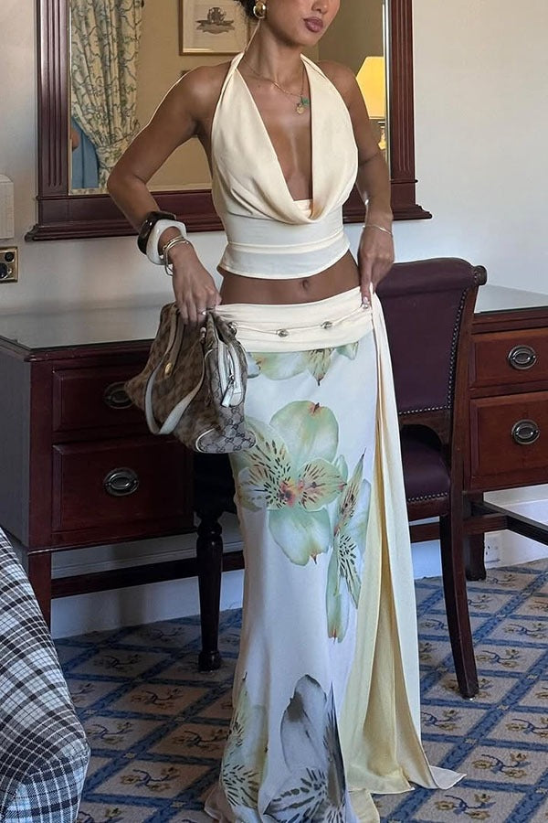 Sexy Backless Halter Top Slim Printed Maxi Skirt Set image 1
