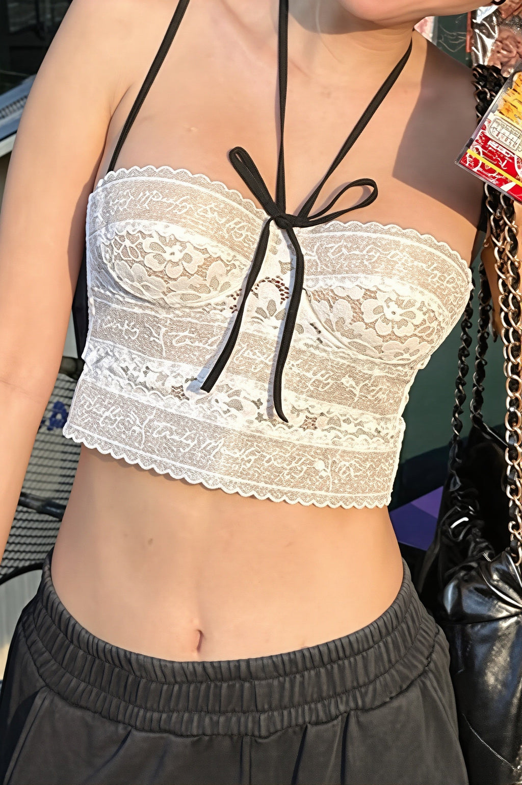 Tie Lace Slim Cropped Halter Top image 3