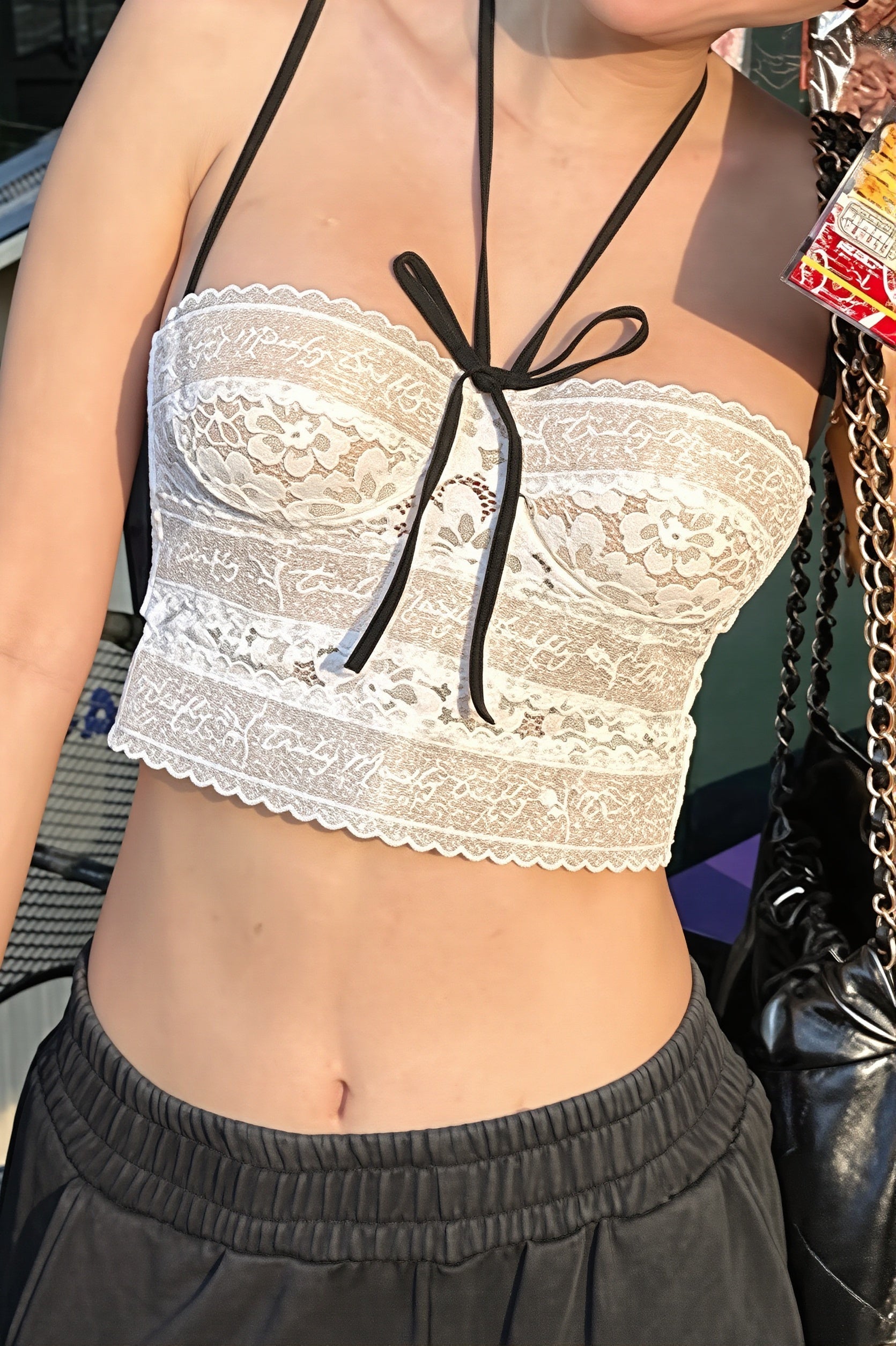 Tie Lace Slim Cropped Halter Top image 3