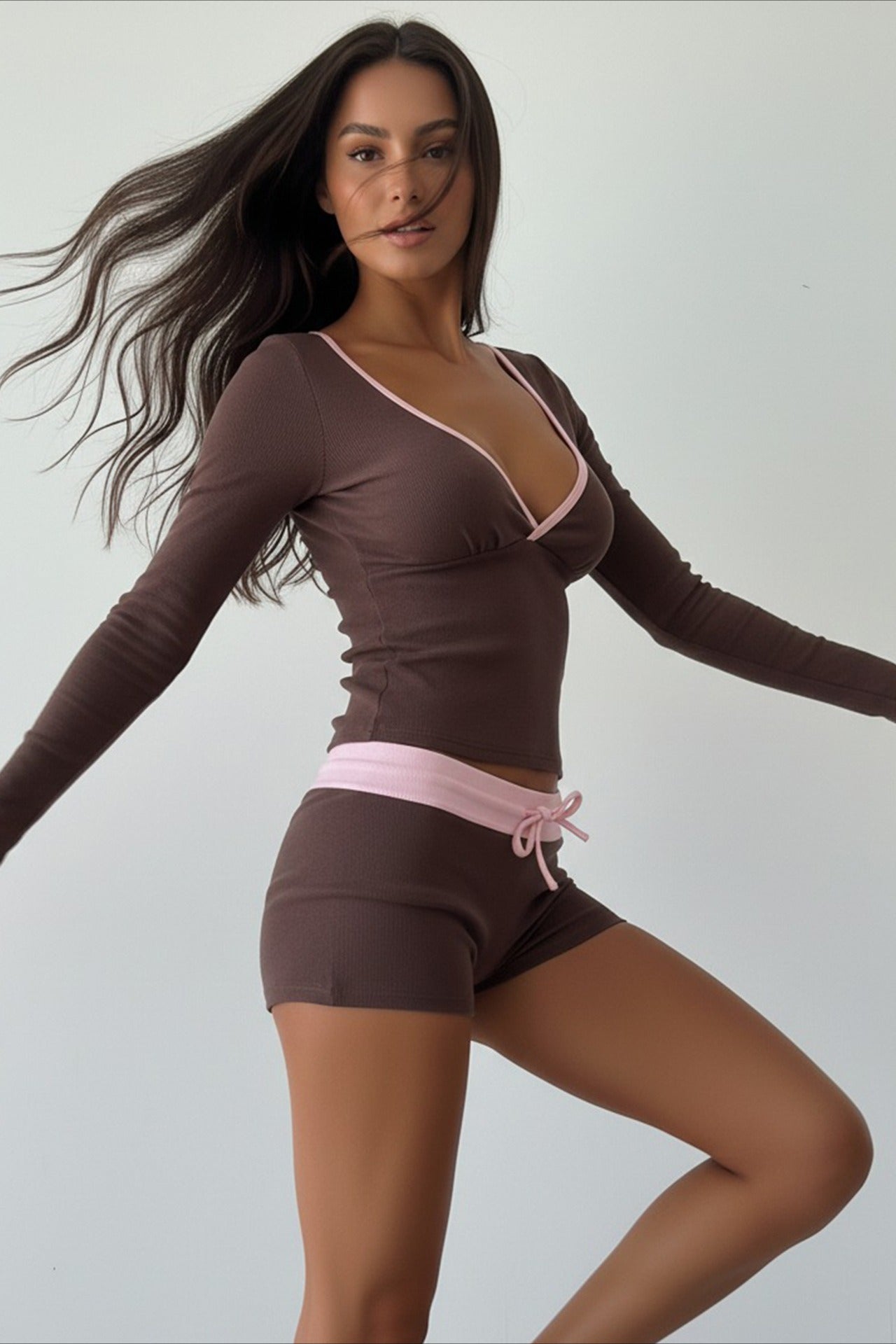 Cross V Neck Contrast Slim Long Sleeve Two Piece Set image 3
