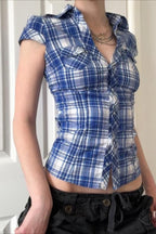 British Plaid Ruffled V Neck Puff Sleeve Blouse image 2