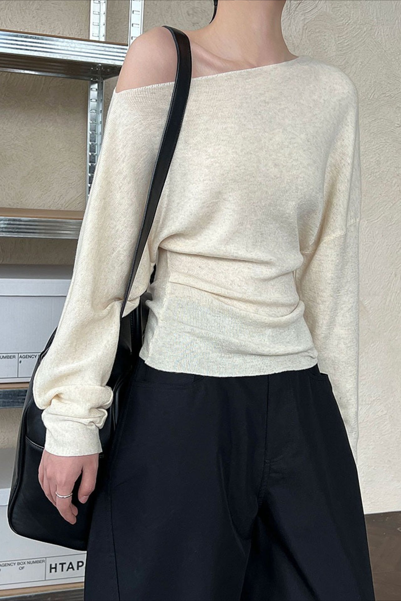 Waist Defining Asymmetric Shoulder Knit Top image 6