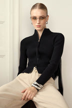 Knit Double Zipper Stand Collar  Blouse image 5