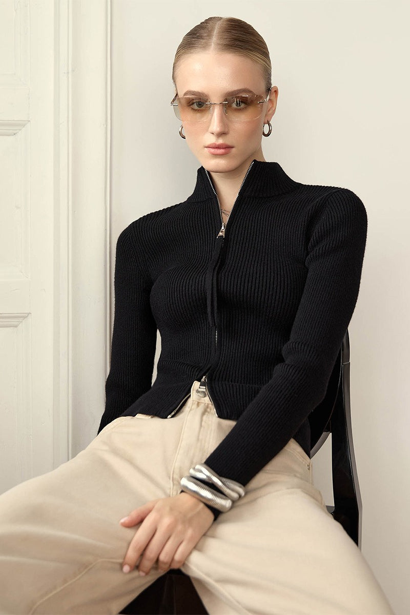 Knit Double Zipper Stand Collar  Blouse image 5