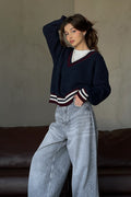 Striped Contrast V Neck Loose Long Sleeve Sweater image 1