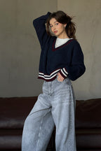 Striped Contrast V Neck Loose Long Sleeve Sweater image 1
