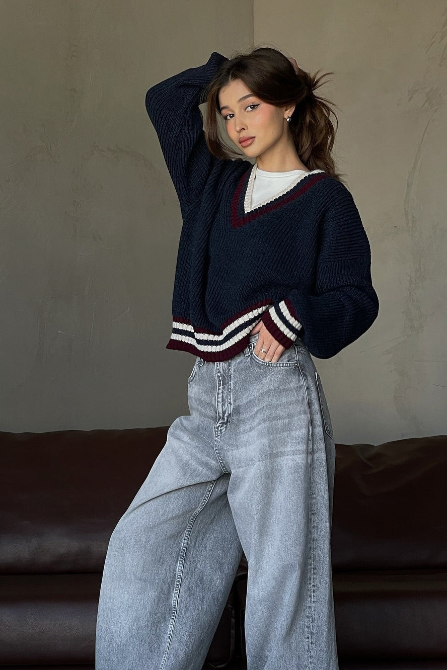 Striped Contrast V Neck Loose Long Sleeve Sweater image 1