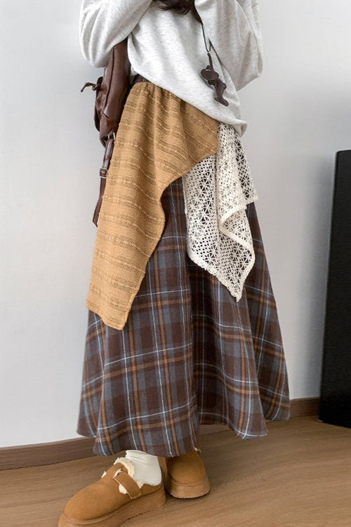 Asymmetric Lace Panel Plaid Skirt image 1