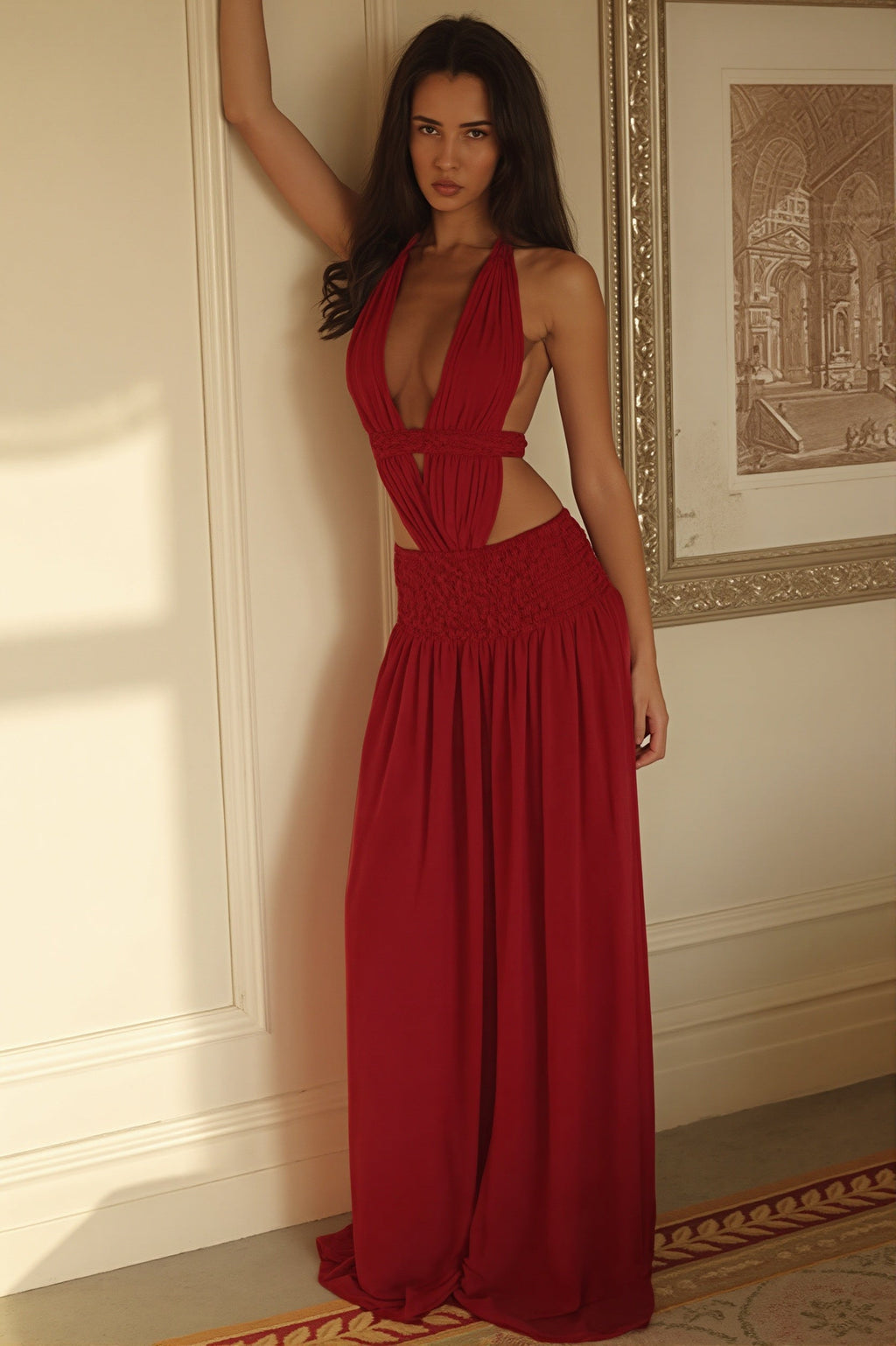 Chic Lace Trim Halter Neck Open Back A Line Maxi Dress image 4