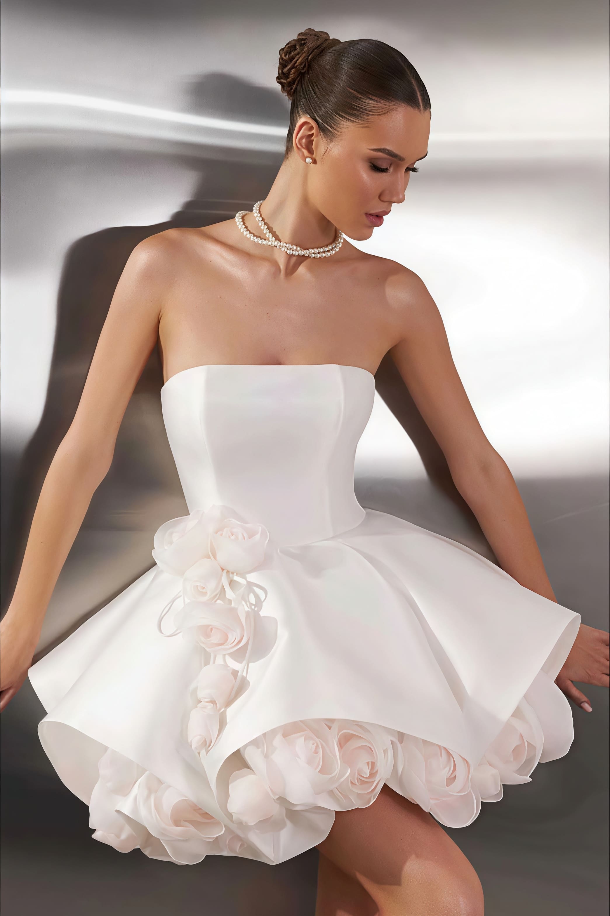 Elegant Satin Bandeau Flower Ball Gown Reception Dress image 1
