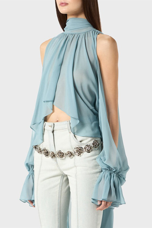 Sweet Irregular Stand Collar Loose Solid Halter Blouse image 1