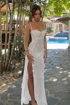 French 3D Floral Strap Waist-Cinched Split Maxi Dress image 1