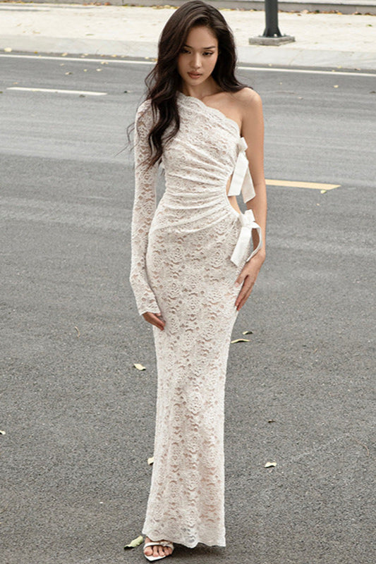 Lace Bowknot Hollow One-Shoulder Long Sleeve Maxi Dress image 1