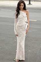 Lace Bowknot Hollow One-Shoulder Long Sleeve Maxi Dress image 1