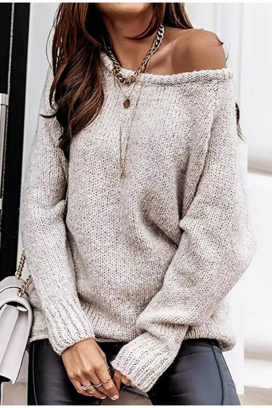 Off-Shoulder Crew-Neck Loose Knit Sweater image 1