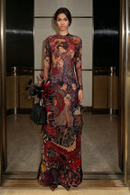 Round Neck Printed Waist Tie High Slit Maxi Dress image 3