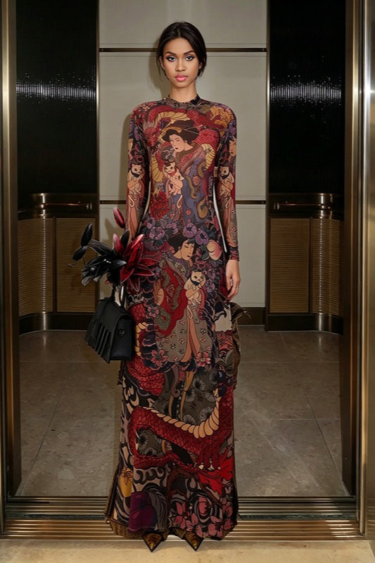 Round Neck Printed Waist Tie High Slit Maxi Dress image 3