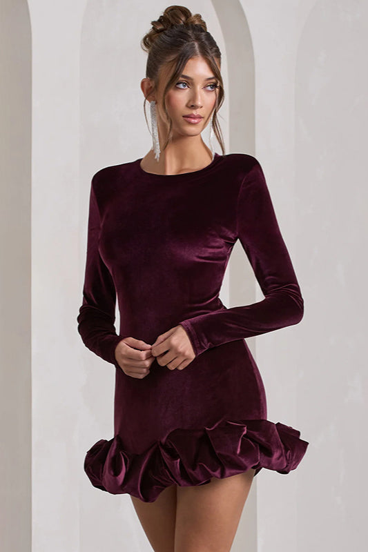 Velvet Pleated Hem Long Sleeve Party Dress image 3
