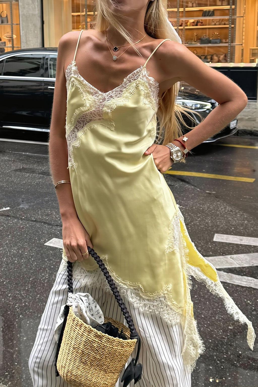Satin Slip Dress Lace Panel Side Slit Cami Top image 4