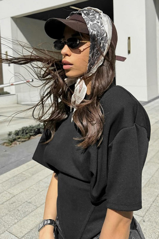Chic Solid Wide Shoulder Tie Waist Elbow Sleeve T-shirt image 12