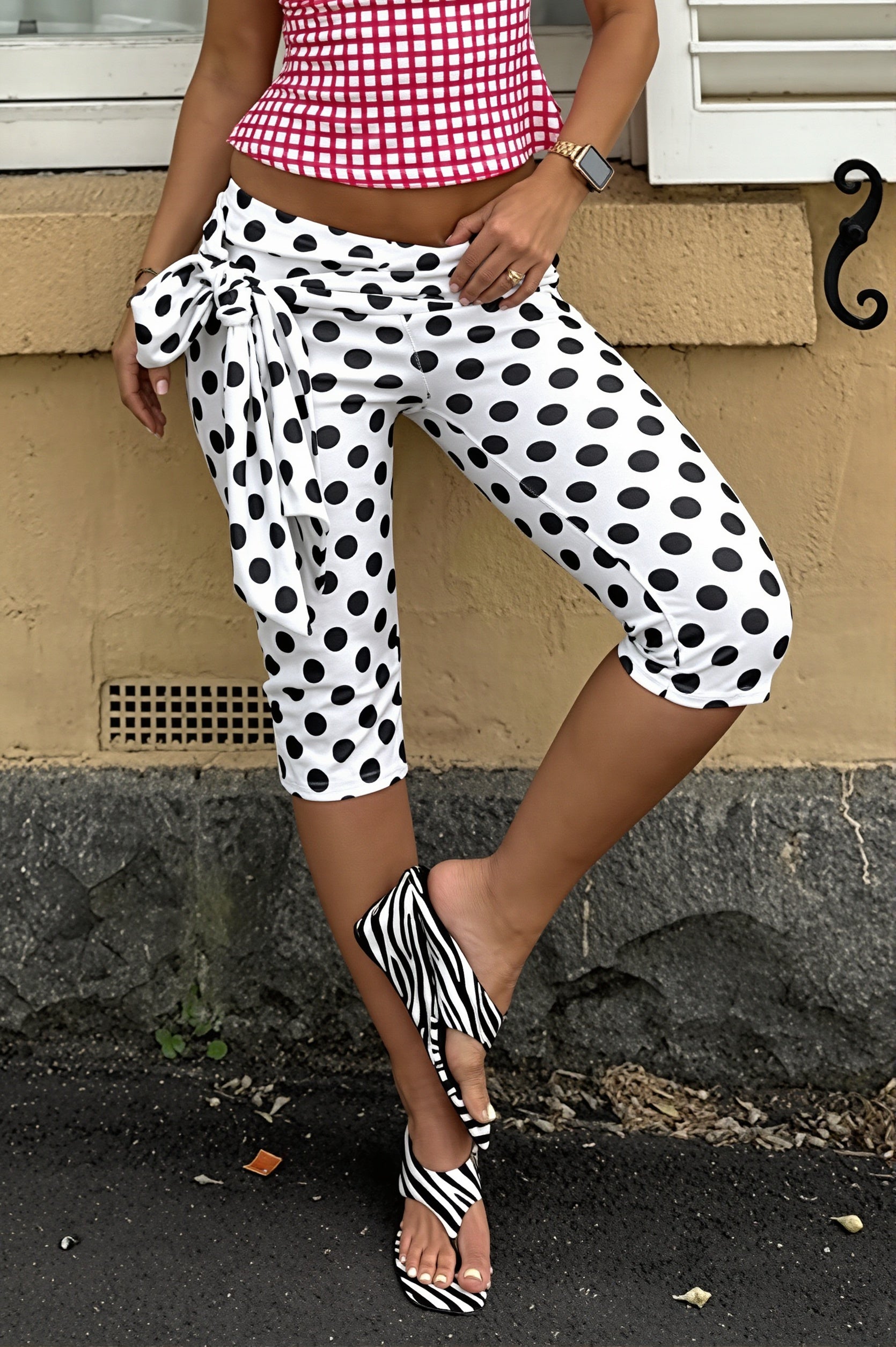 Polka Dot Print Tie Cropped Pants image 4