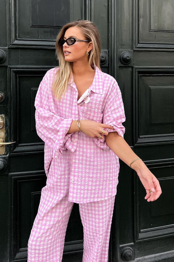 Pink Plaid Loose Casual Two Piece Set image 3