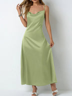 Paloma Satin Dress detail view styled for Avrienne