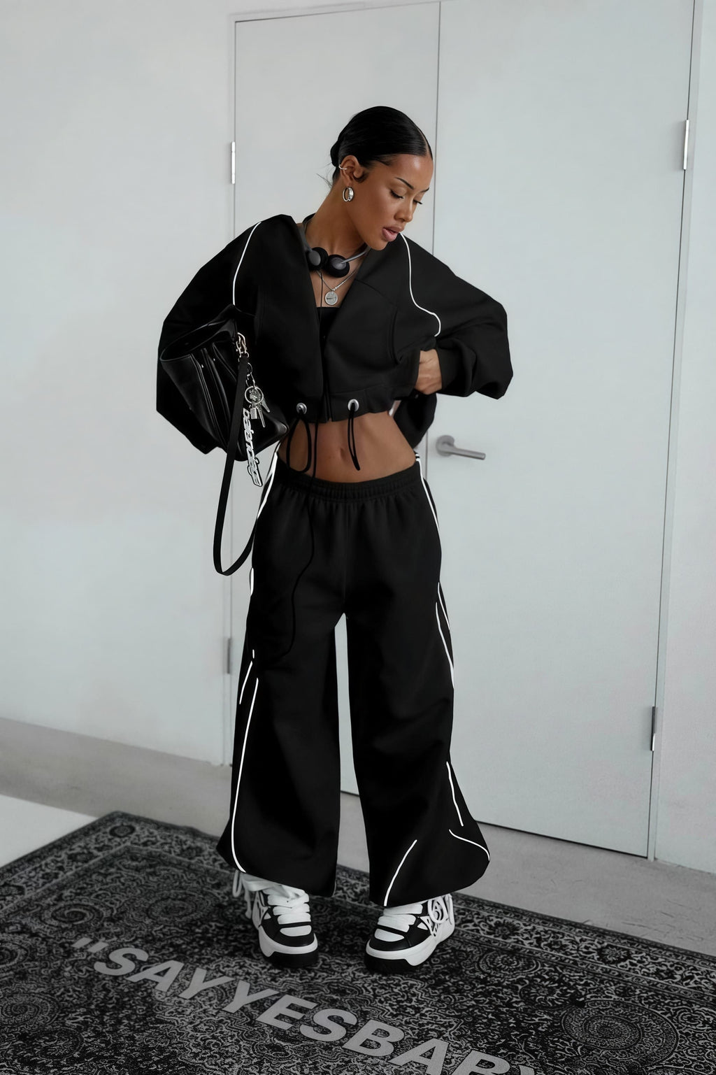 Color Block Striped Hooded Zipper Loose Two Piece Set image 9