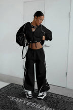 Color Block Striped Hooded Zipper Loose Two Piece Set image 9